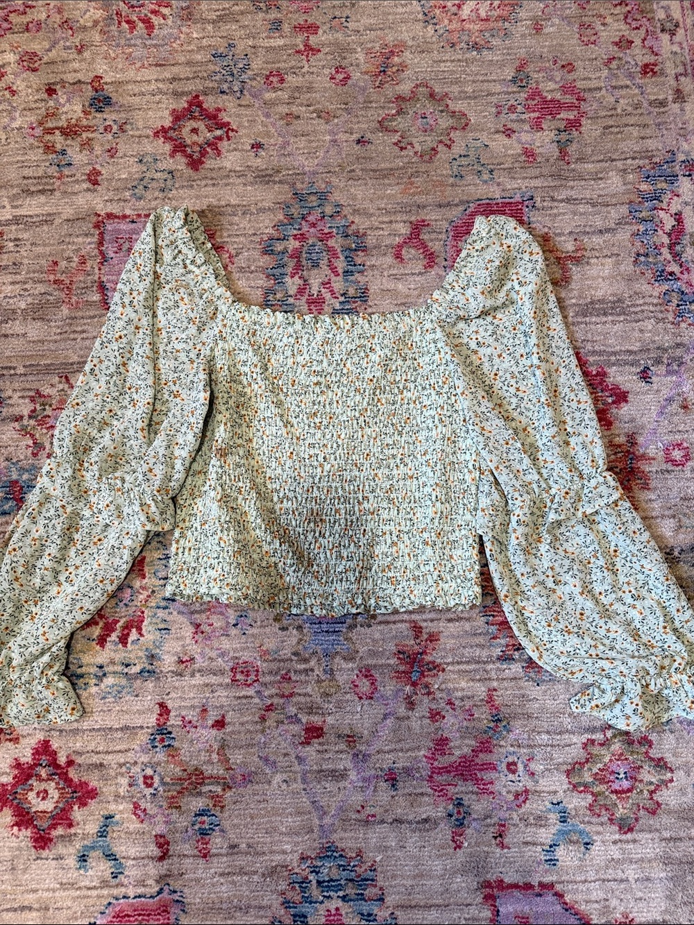 wild fable Light Sage Floral Smocked Crop Top with Puff Sleeves